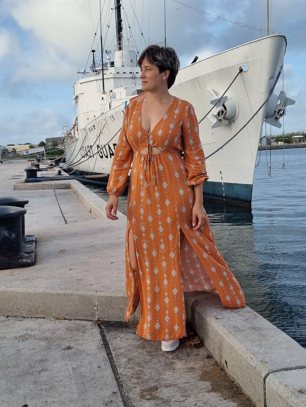 Elegant Orange Patterned Maxi Dress